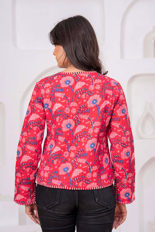 Handmade Red Cotton Quilted Floral Jacket Print Cotton